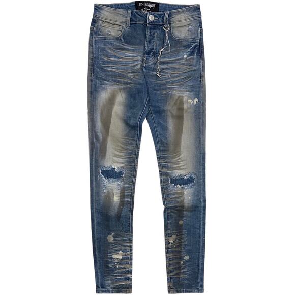 En Noir Men's Paint Splatter Rip & Repair Distressed Skinny Fit Denim Jeans - Picture 1 of 8